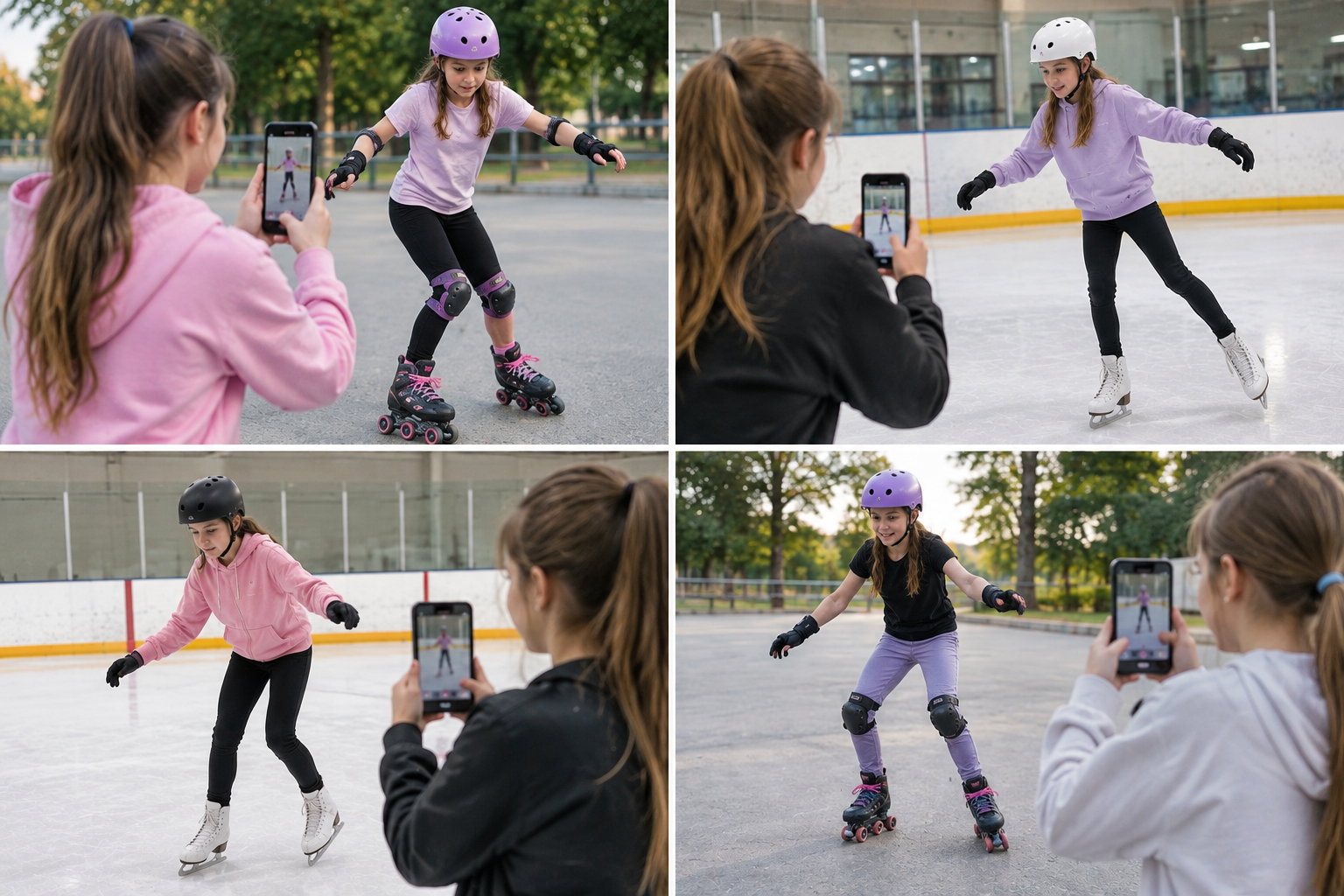 Children learning to skate together